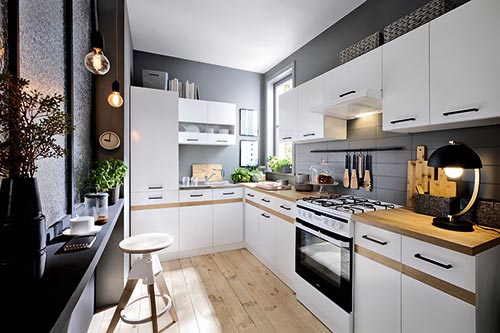 Küchenkollektion Junona Line Frontfarbe WEISS / EICHE BURLINGTON Gallerie